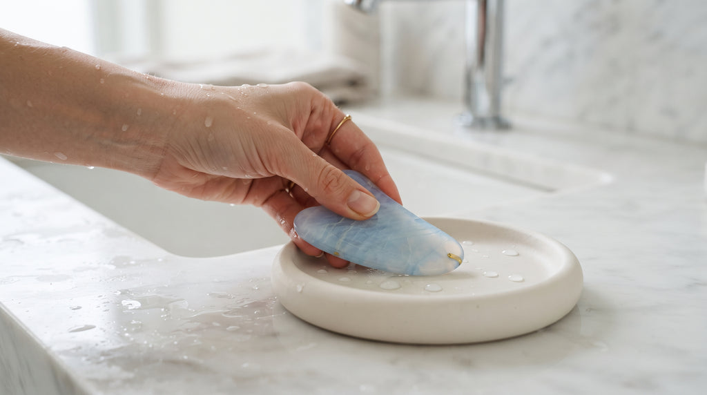 Nettoyage du Gua Sha Opalya effet opalin après une routine visage