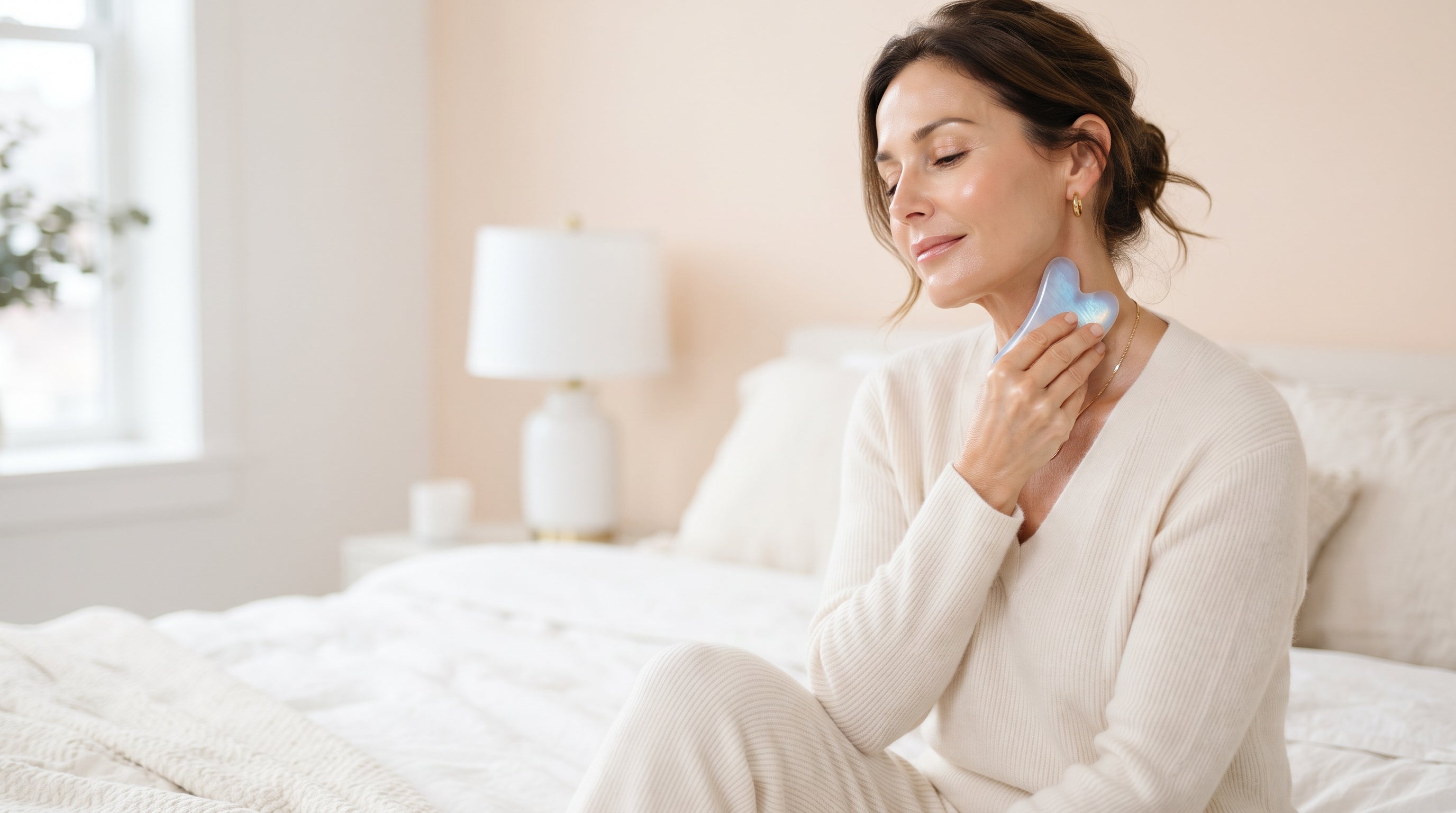 Femme massant son cou avec le Gua Sha Opalya en forme de cœur