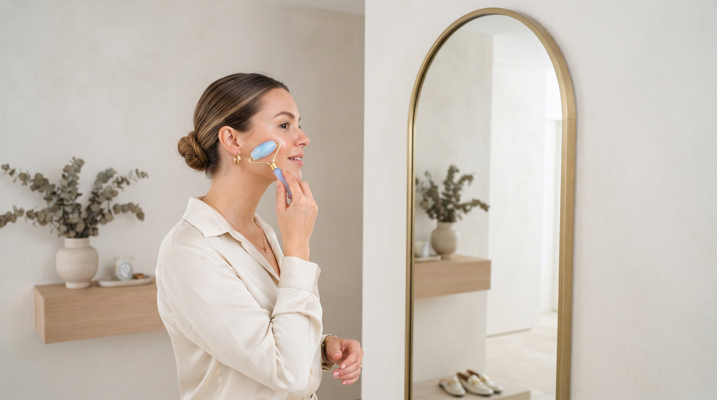 Massage de la joue avec le roller visage Opalya devant un miroir