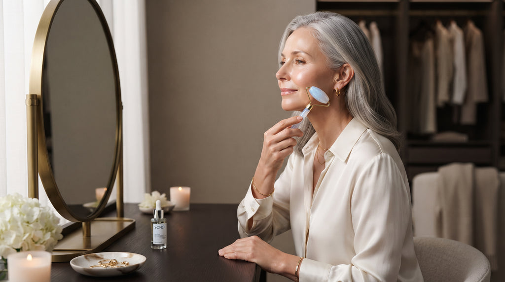 Femme utilisant le roller visage Opalya sur la joue devant un miroir