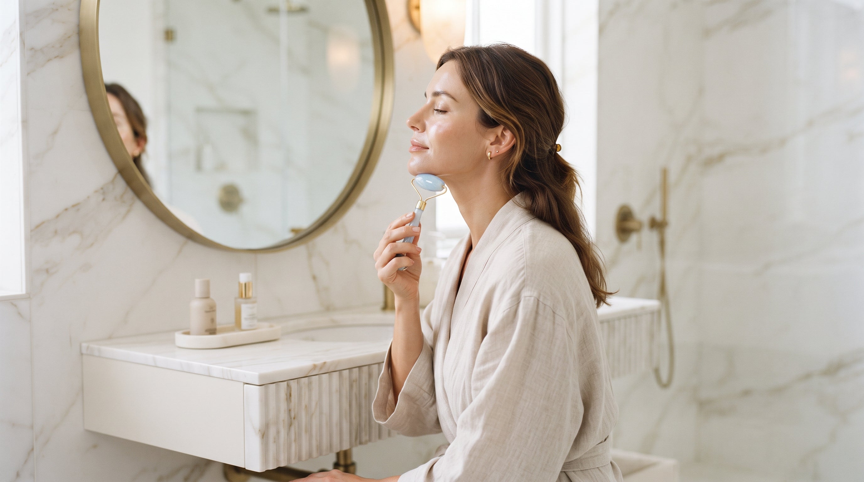 Femme utilisant le roller visage Opalya sur le cou pendant sa routine beauté